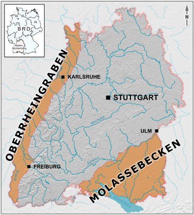 Abb 1:  Lage der Untersuchungsgebiete: der baden-württembergische Teil des Oberrheingrabens und des Südwestdeutschen Molassebeckens